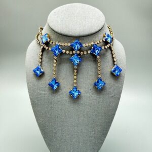 LILIEN CZECH Glass Baby Blue White Rhinestone Bib Necklace 14" Statement Glam